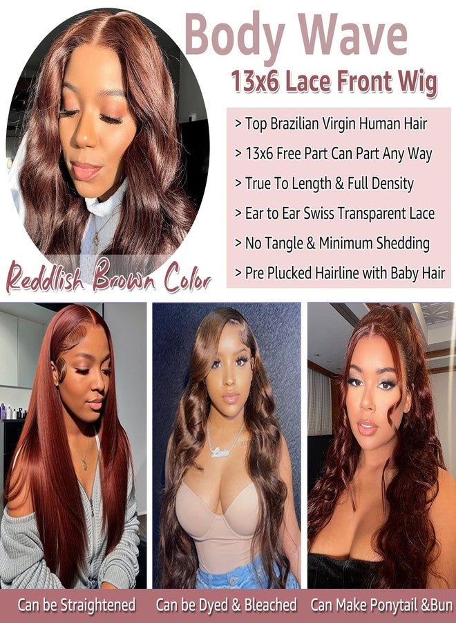 Royal Lady 28 Inch 13x6 Reddish Brown Lace Front Wigs Human Hair Pre Plucked Body Wave 13x6 HD Lace Frontal Wig for Women 220% Density Auburn Brown Colored Frontal Wigs Human Hair - Image 4